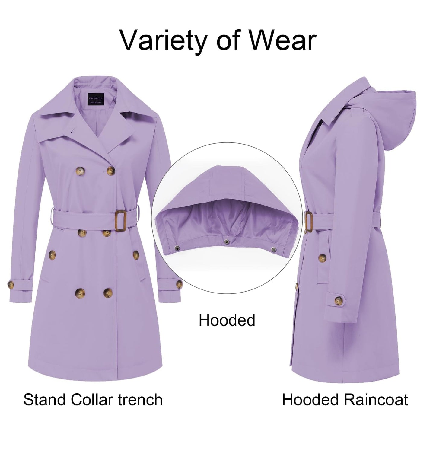 CREATMO US Women's Long Trench Coat Double-Breasted Classic Lapel Overcoat Belted Slim Outerwear Coat with Detachable Hood