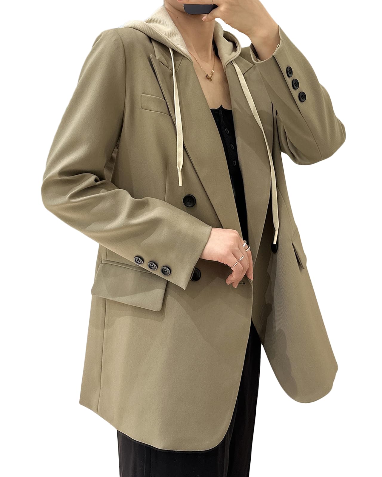 Mina Self Oversize Blazer Jacket for Women Hooded 2024 New Four Seasons Plus Size Casual Open Front Work Office Suit (XS-XXL)