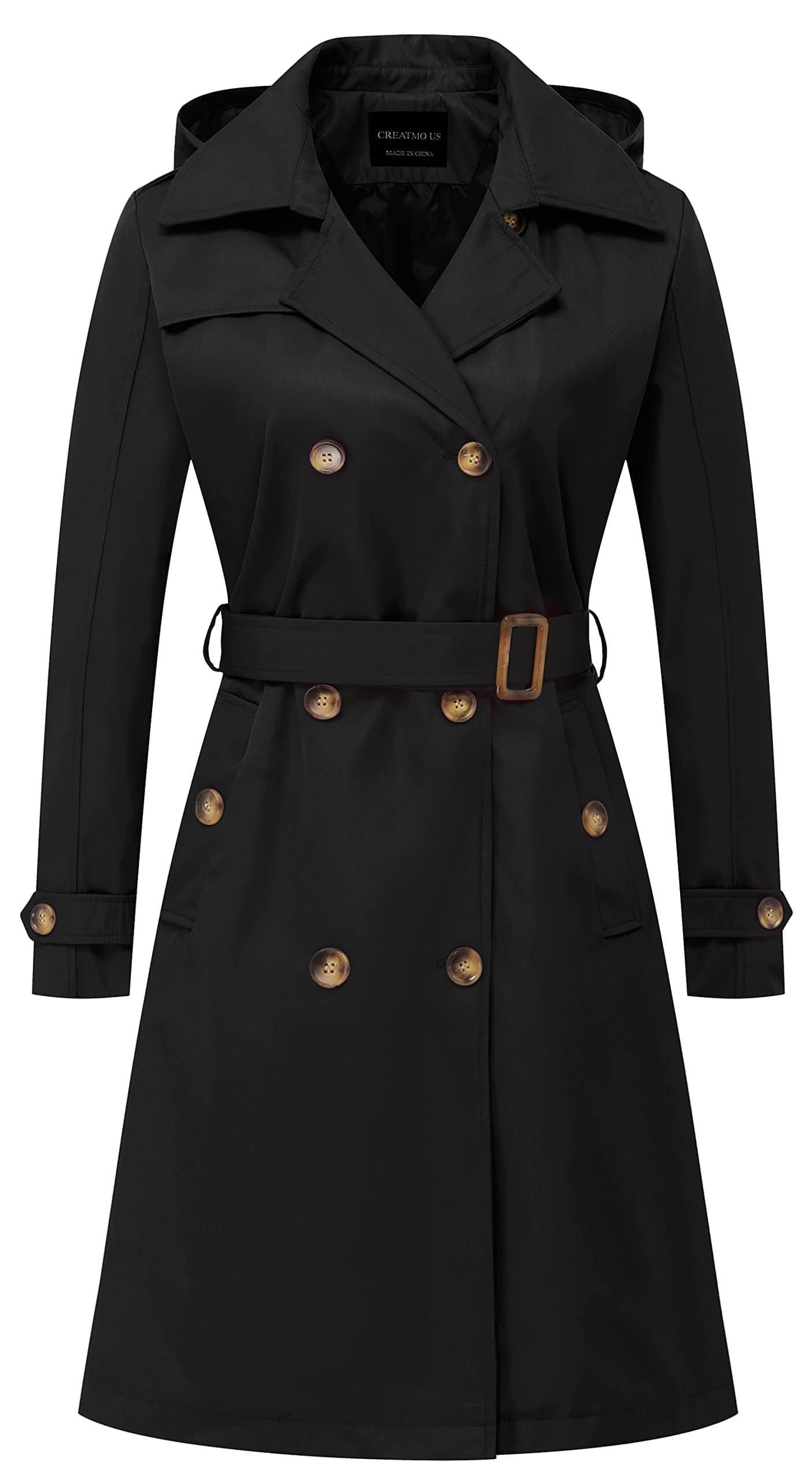 CREATMO US Women's Long Trench Coat Double-Breasted Classic Lapel Overcoat Belted Slim Outerwear Coat with Detachable Hood