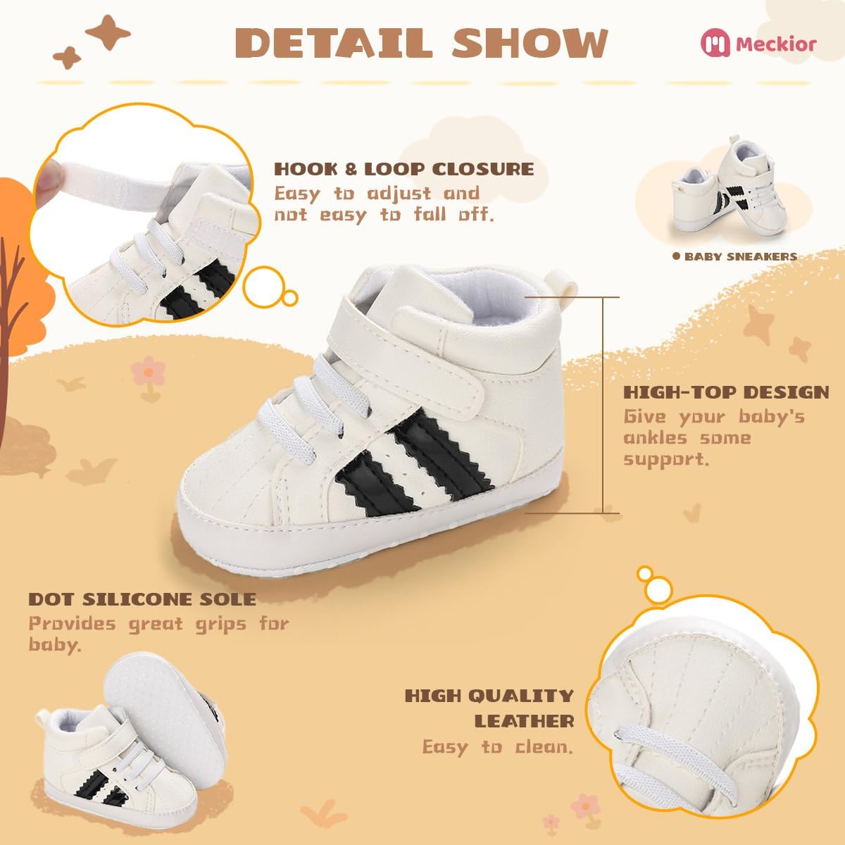 Meckior Toddler Baby Boys Girls High Tops Ankle Sneakers Soft Anti-Slip Sole PU Leather Moccasins Infant Newborn Prewalker First Walking Crib Shoes Xpress