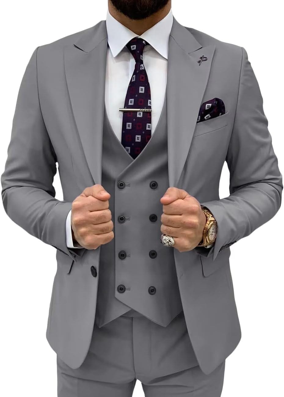 Double Breasted 3 Pieces Suit Men Slim Fit Classic One Button Jacket Blazer Vest Pants Set Formal Wedding Tuxedo