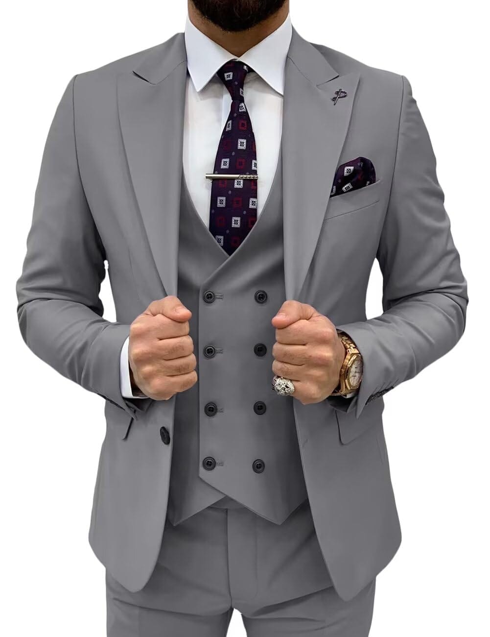 Double Breasted 3 Pieces Suit Men Slim Fit Classic One Button Jacket Blazer Vest Pants Set Formal Wedding Tuxedo