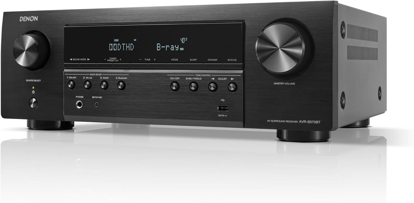 Denon AVR-S570BT 5.2 Channel AV Receiver - 8K Ultra HD Audio & Video, Enhanced Gaming Experience, Wireless Streaming via Built-in Bluetooth, (4) 8K HDMI Inputs, Supports eARC, HD Setup Assistant Xpress