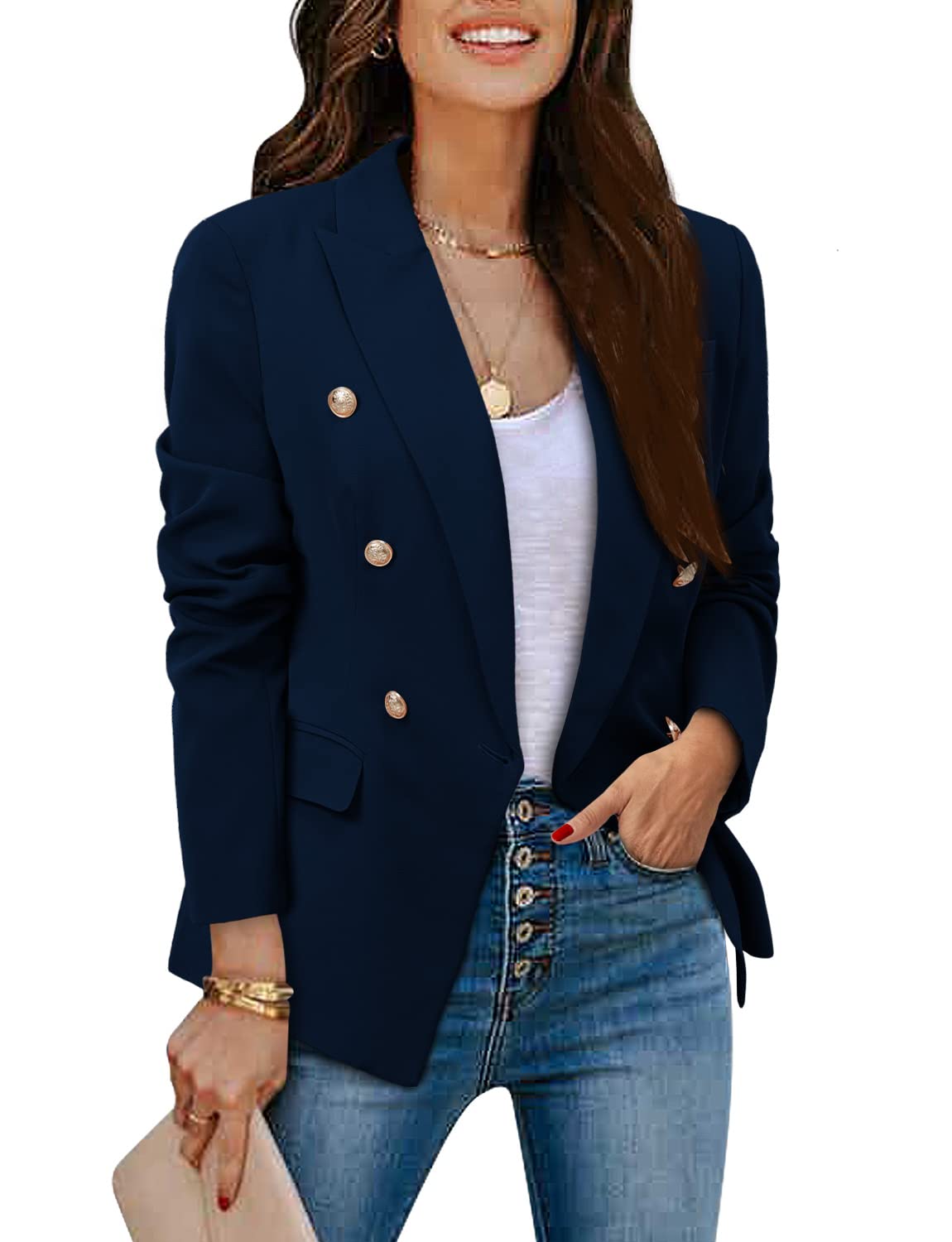 CRAZY GRID Womens Casual Blazer Jacket Gold Button Long Sleeve Work 0ffice Blazer Lapel Open Front Jacket