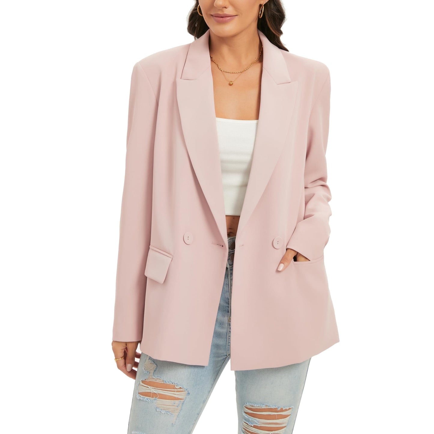 Blazer de costume surdimensionné à double boutonnage pour femme, veste à manches longues, style petit ami décontracté, blazer de travail et de bureau avec poches