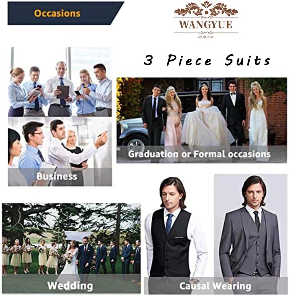 Wangyue Men's Suit Slim Fit 3 Piece Suit Double Breasted Suit One Button Formal Wedding Prom Suits