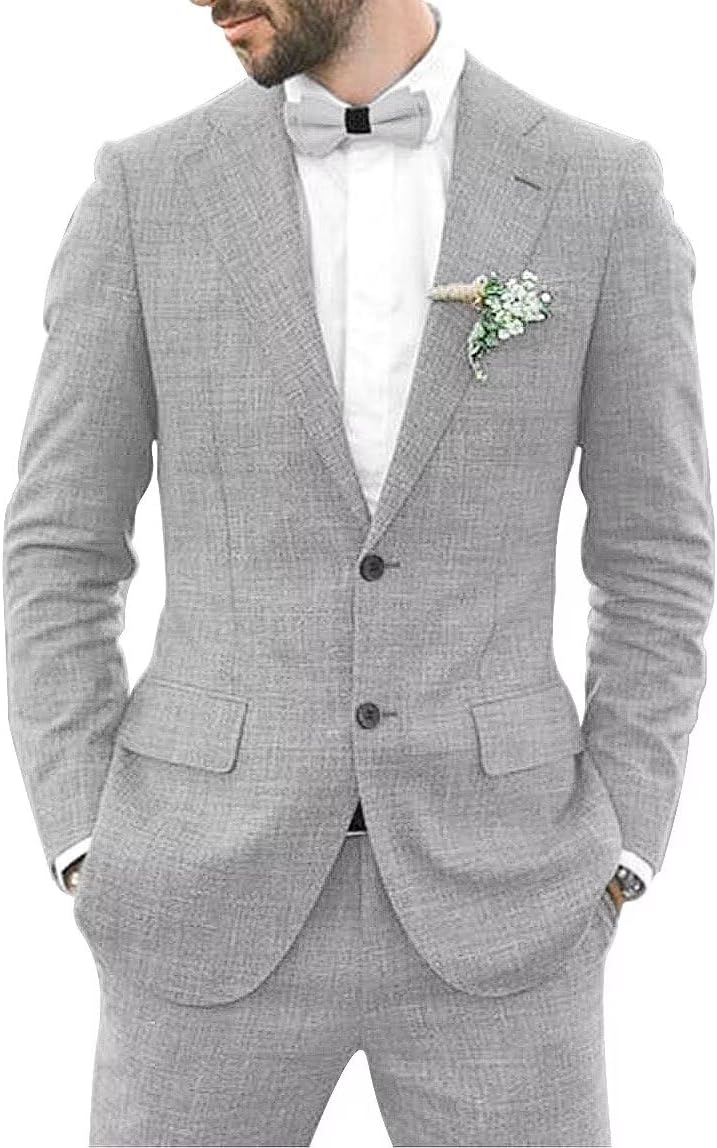 Wangyue Mens Linen Suit 2 Piece Slim Fit Linen Suit for Men Summer Wedding Suit Groom Prom Tuxedo Suit