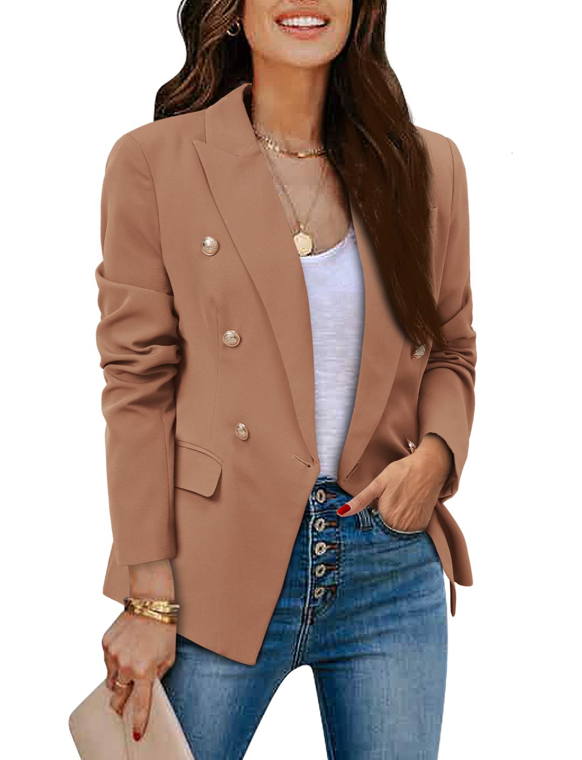 CRAZY GRID Womens Casual Blazer Jacket Gold Button Long Sleeve Work 0ffice Blazer Lapel Open Front Jacket