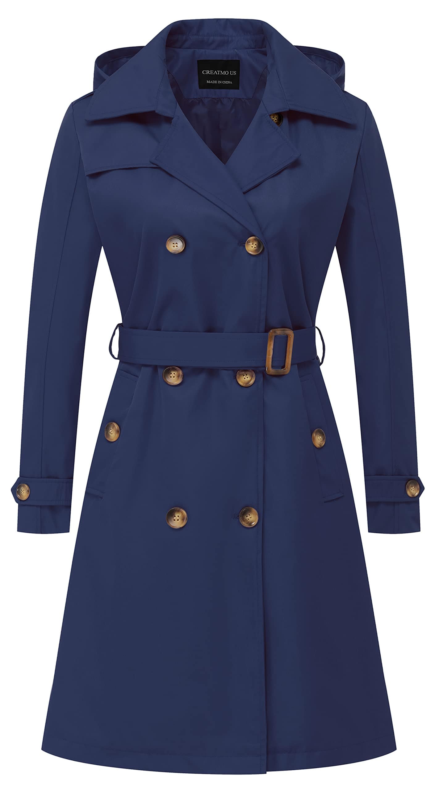 CREATMO US Trench Long Femme Double Boutonnage Classique Revers Pardessus Ceinturé Mince Manteau d'extérieur avec Capuche Amovible