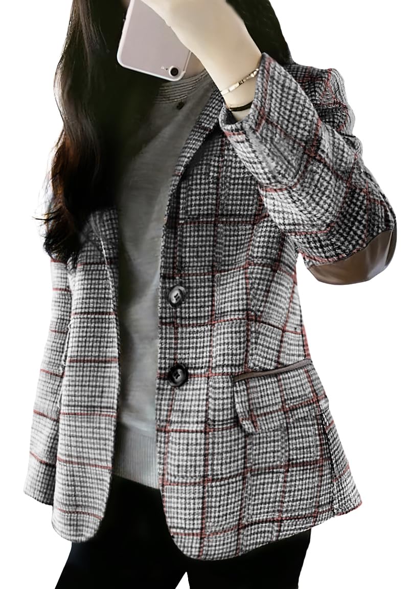 ebossy Womens Vintage Nothced Lapel Single Breasted Boyfriend Blazer Suits Houndstooth Plaid Jacket Coat with Patched Elbow