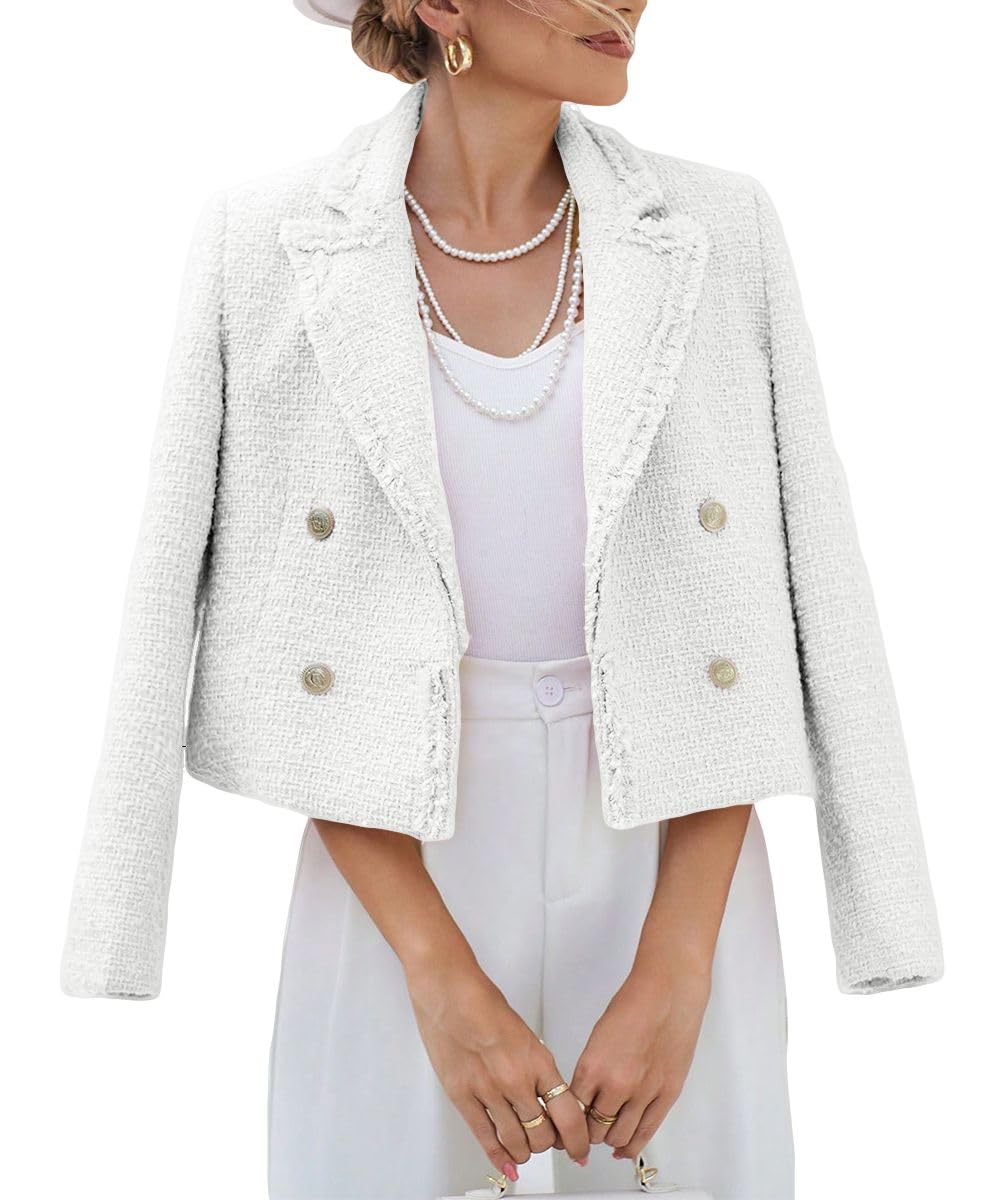 Tweed Blazers Chaquetas para Mujer 2024 Primavera Moda Solapa Recortada Elegante Frente Abierto Oficina Casual Blazer 