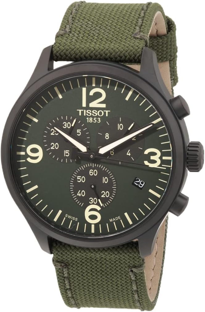 Tissot Montre à quartz Chrono XL pour homme, boîtier en acier inoxydable 316L avec revêtement PVD noir, vert, tissu, 22 (T1166173709700) 