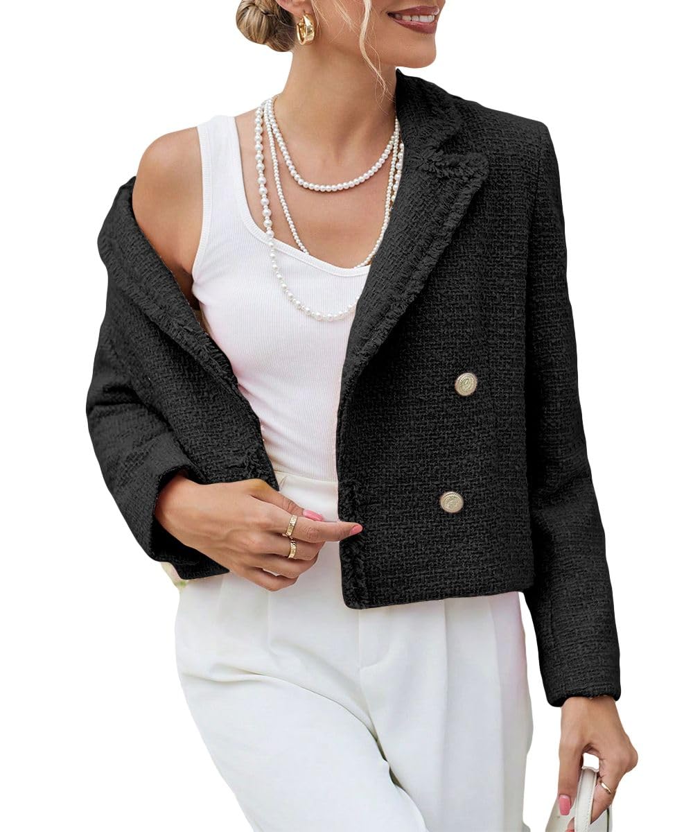 Tweed Blazers Chaquetas para Mujer 2024 Primavera Moda Solapa Recortada Elegante Frente Abierto Oficina Casual Blazer 