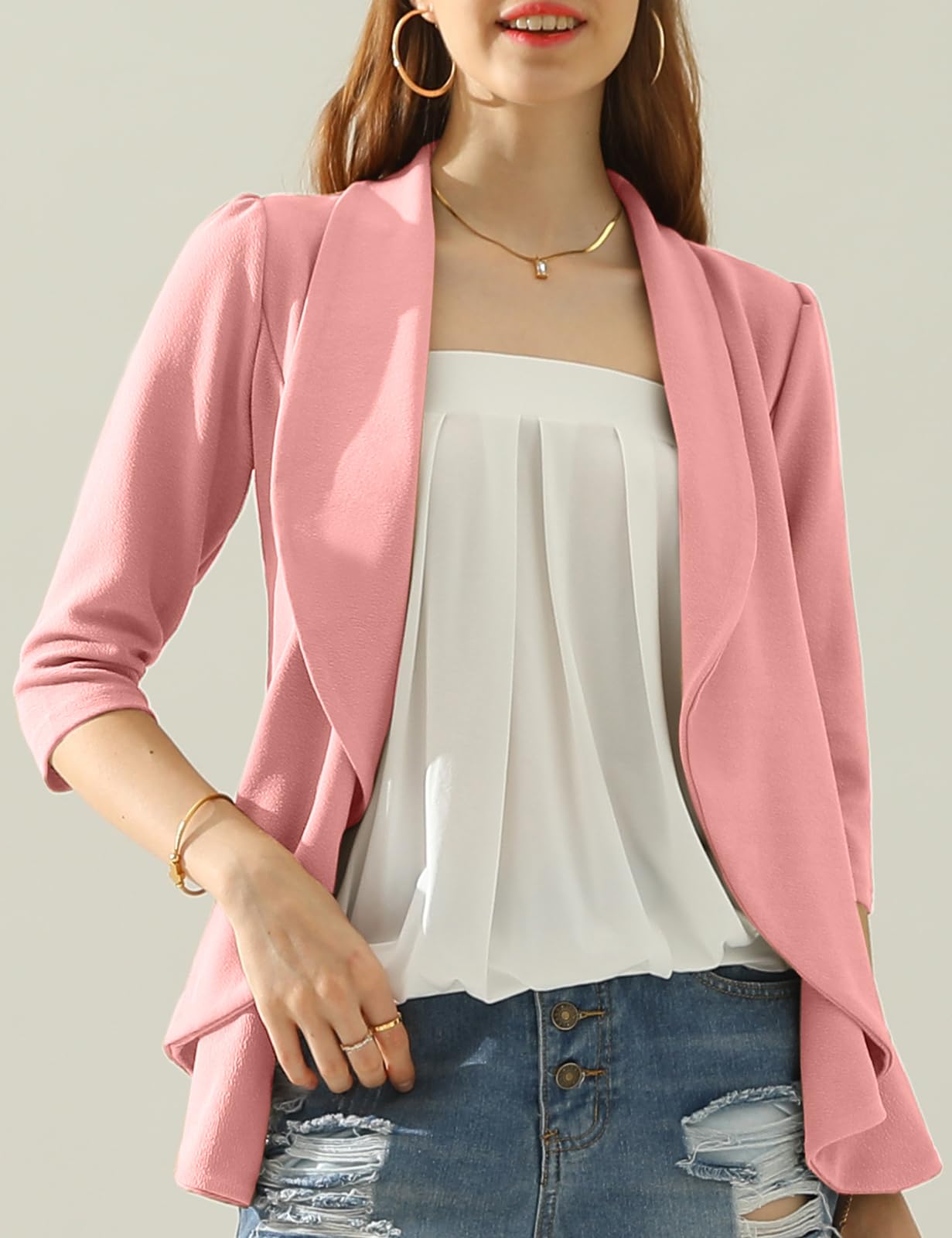 DOUBLJU Lightweight Thin 3/4 Sleeve Open Front Blazer Business Casual Deconstructed Jackets for Womens Clothes with Plus Size