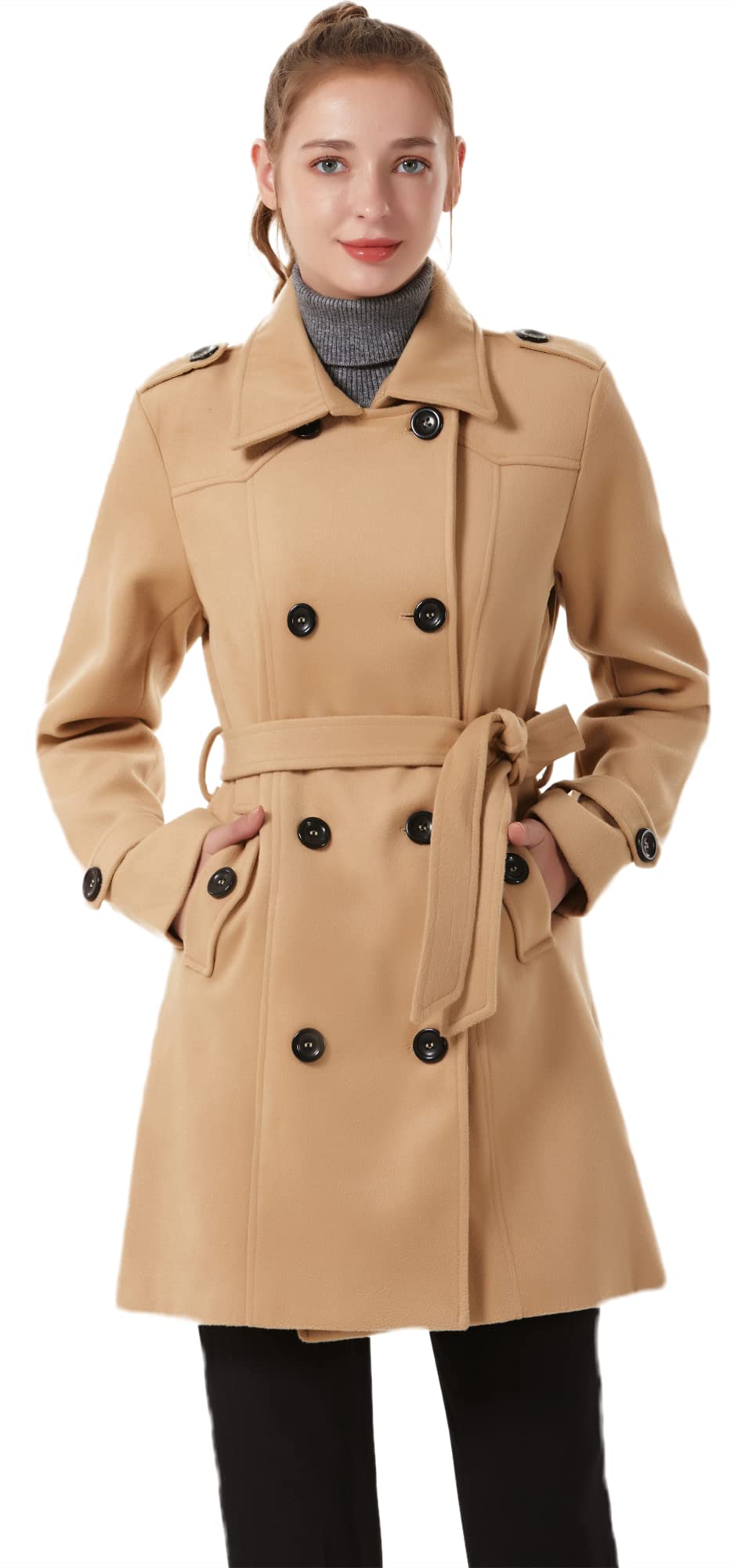 GGleaf Women's Classic Double Breasted Pea Coat Winter Mid-Long Slim Trench Coat with Belt