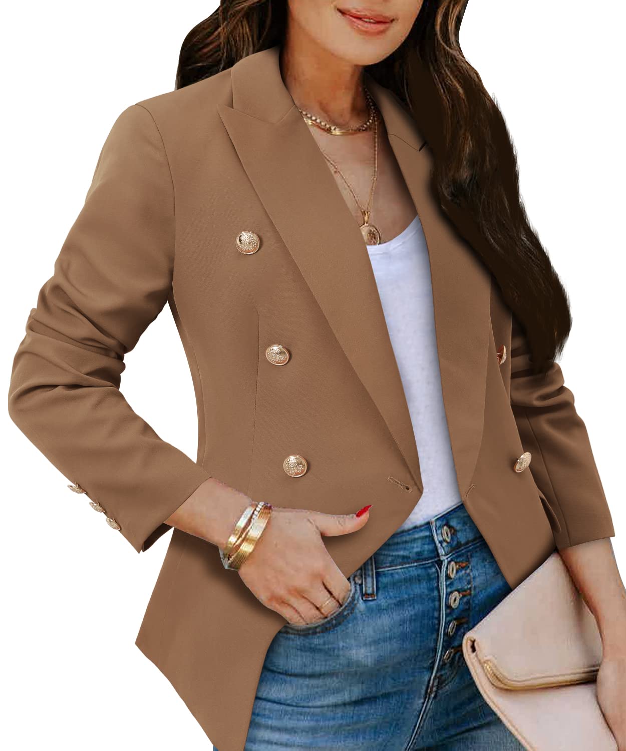 CRAZY GRID Womens Casual Blazer Jacket Gold Button Long Sleeve Work 0ffice Blazer Lapel Open Front Jacket