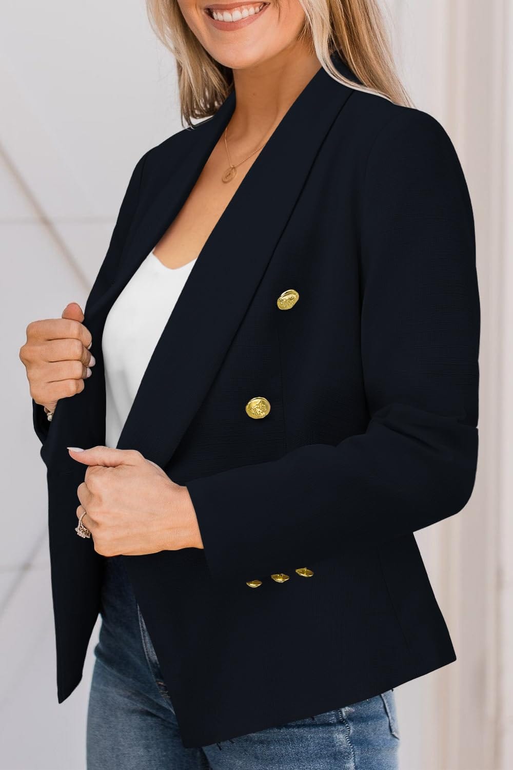 CRAZY GRID Womens Casual Blazer Jacket Gold Button Long Sleeve Work 0ffice Blazer Lapel Open Front Jacket