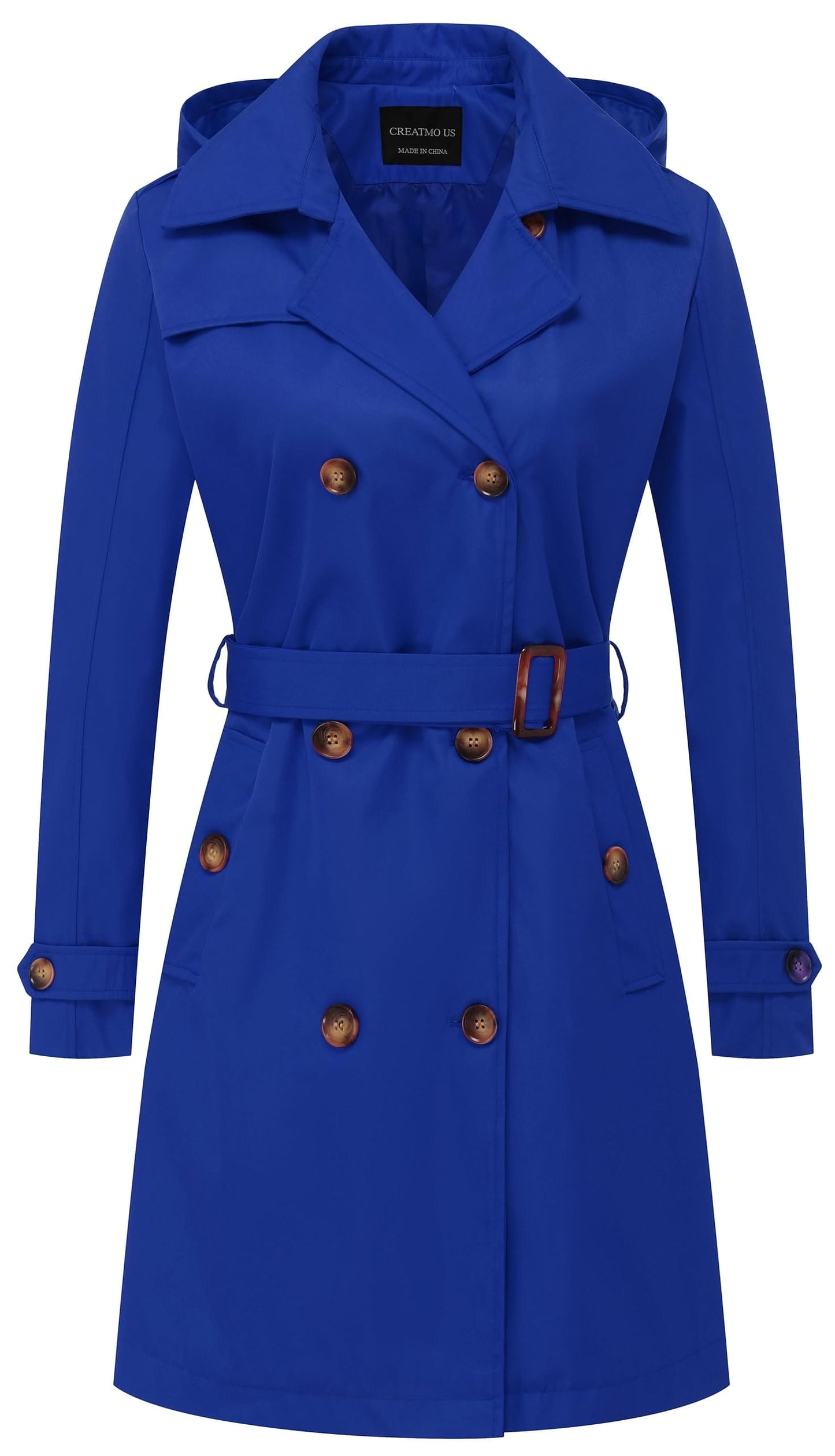 CREATMO US Women's Long Trench Coat Double-Breasted Classic Lapel Overcoat Belted Slim Outerwear Coat with Detachable Hood