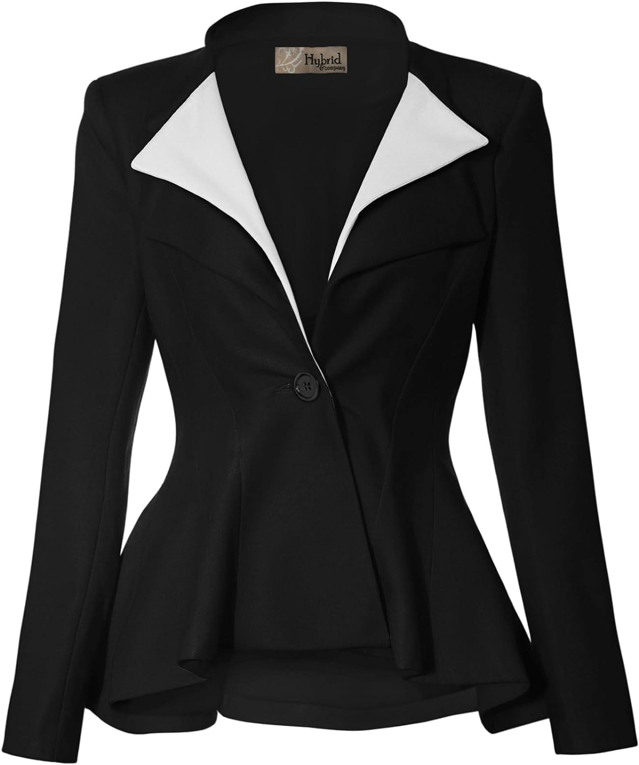 Hybrid & Company Women's Casual Work Office Dressy Double Notch Lapel Sharp Shoulder Pad Single Button Peplum Comfy Blazer