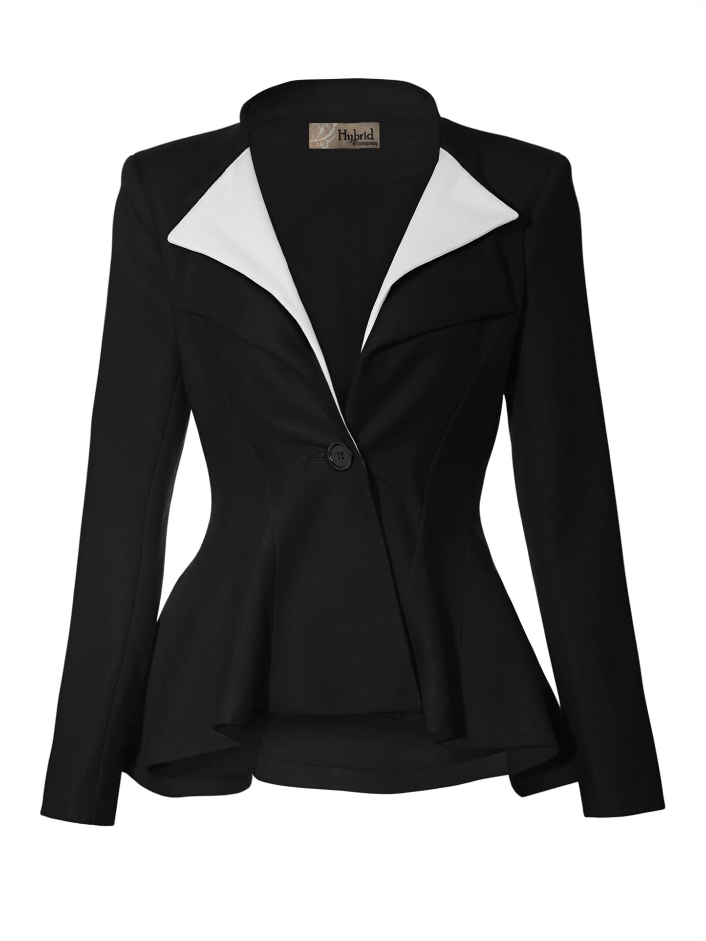 Hybrid & Company Women's Casual Work Office Dressy Double Notch Lapel Sharp Shoulder Pad Single Button Peplum Comfy Blazer