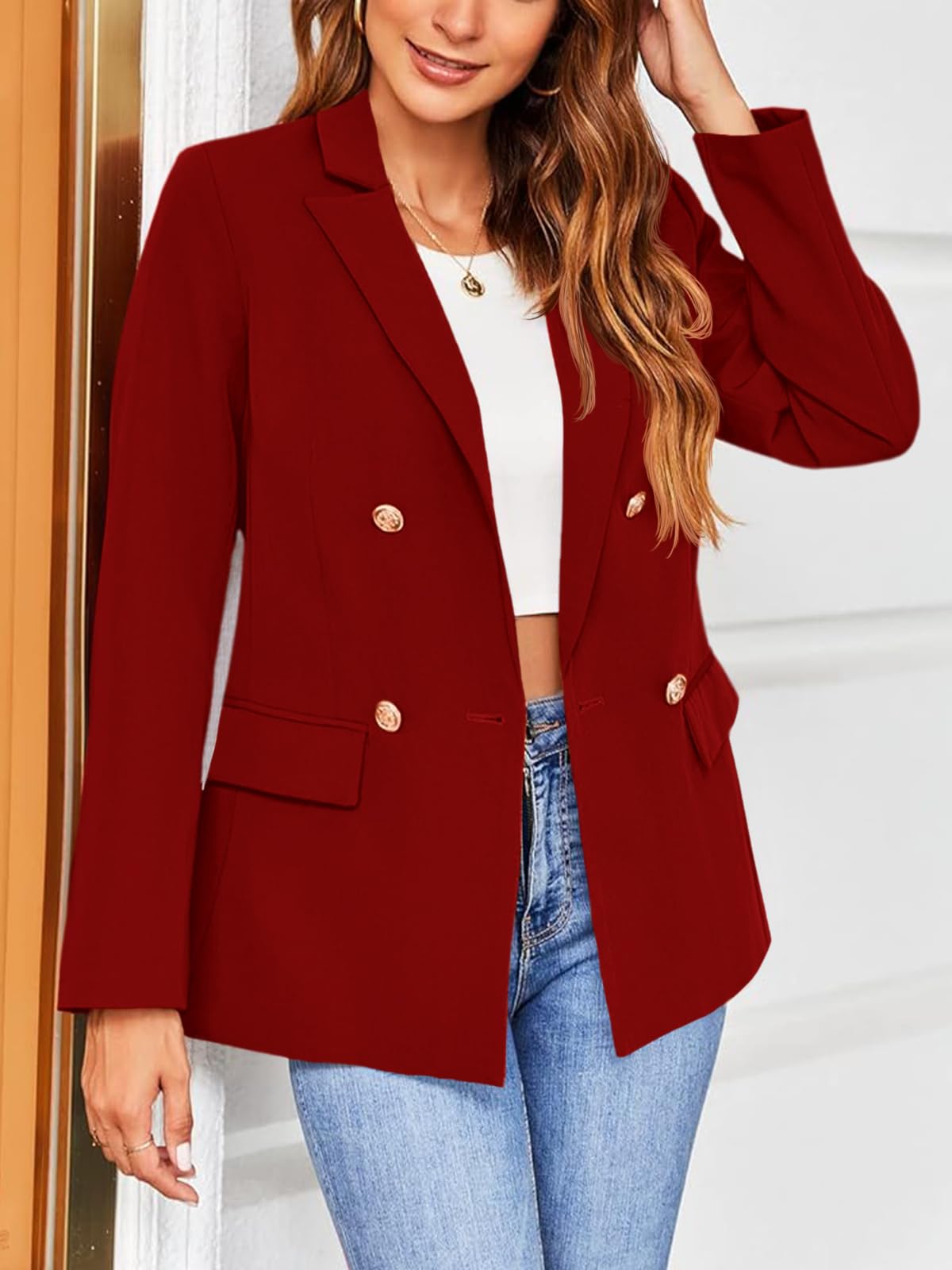 Hdieso Chaqueta tipo blazer con botones de solapa y manga larga para mujer, color sólido, informal 