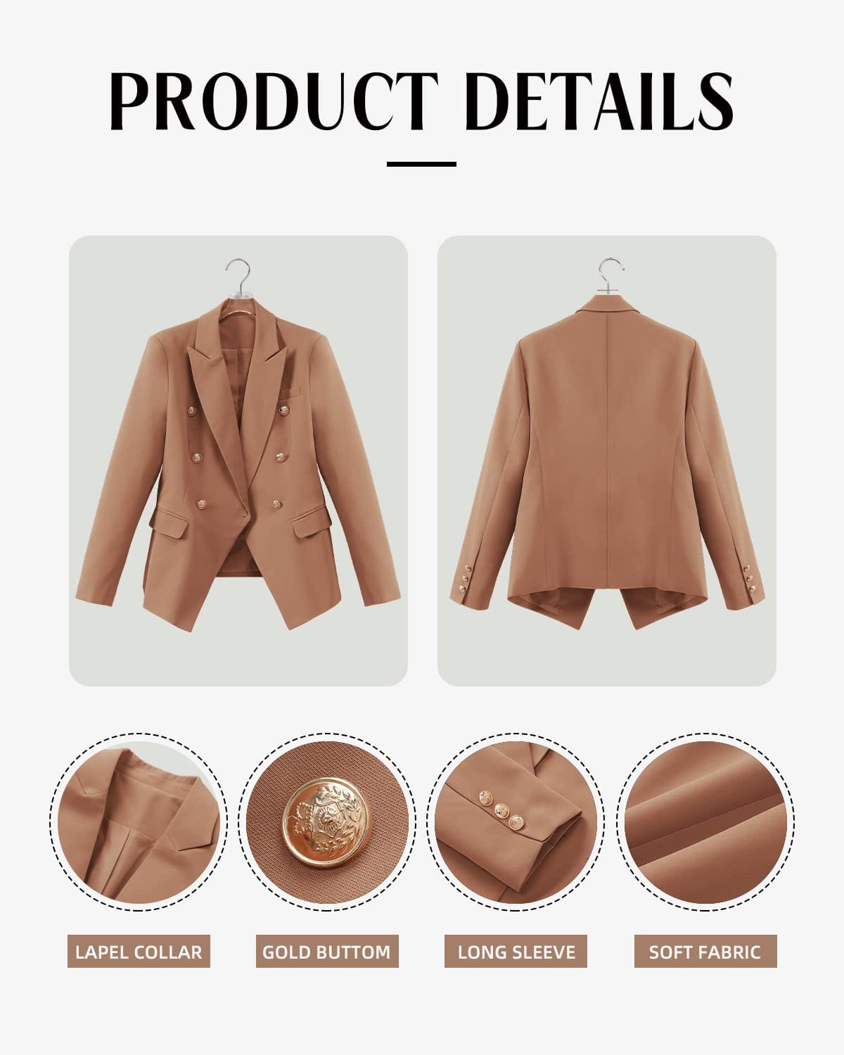 CRAZY GRID Womens Casual Blazer Jacket Gold Button Long Sleeve Work 0ffice Blazer Lapel Open Front Jacket