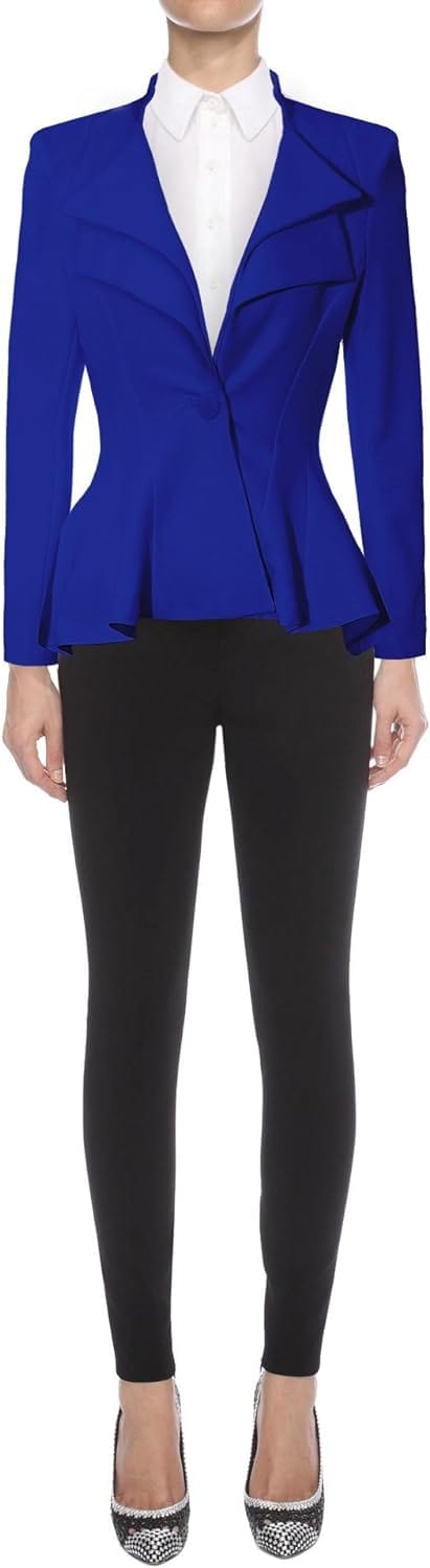 Hybrid & Company Women's Casual Work Office Dressy Double Notch Lapel Sharp Shoulder Pad Single Button Peplum Comfy Blazer