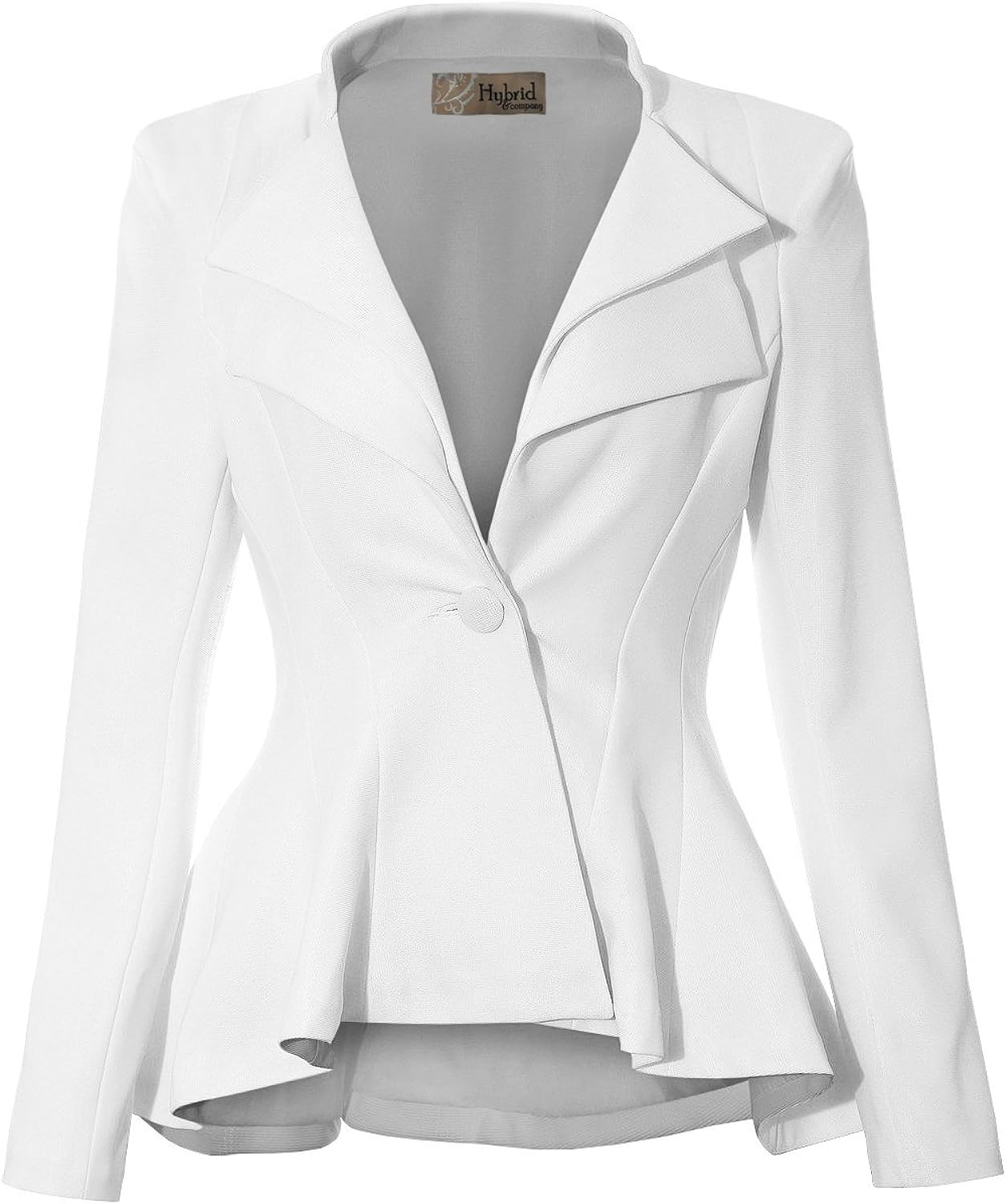 Hybrid & Company Women's Casual Work Office Dressy Double Notch Lapel Sharp Shoulder Pad Single Button Peplum Comfy Blazer