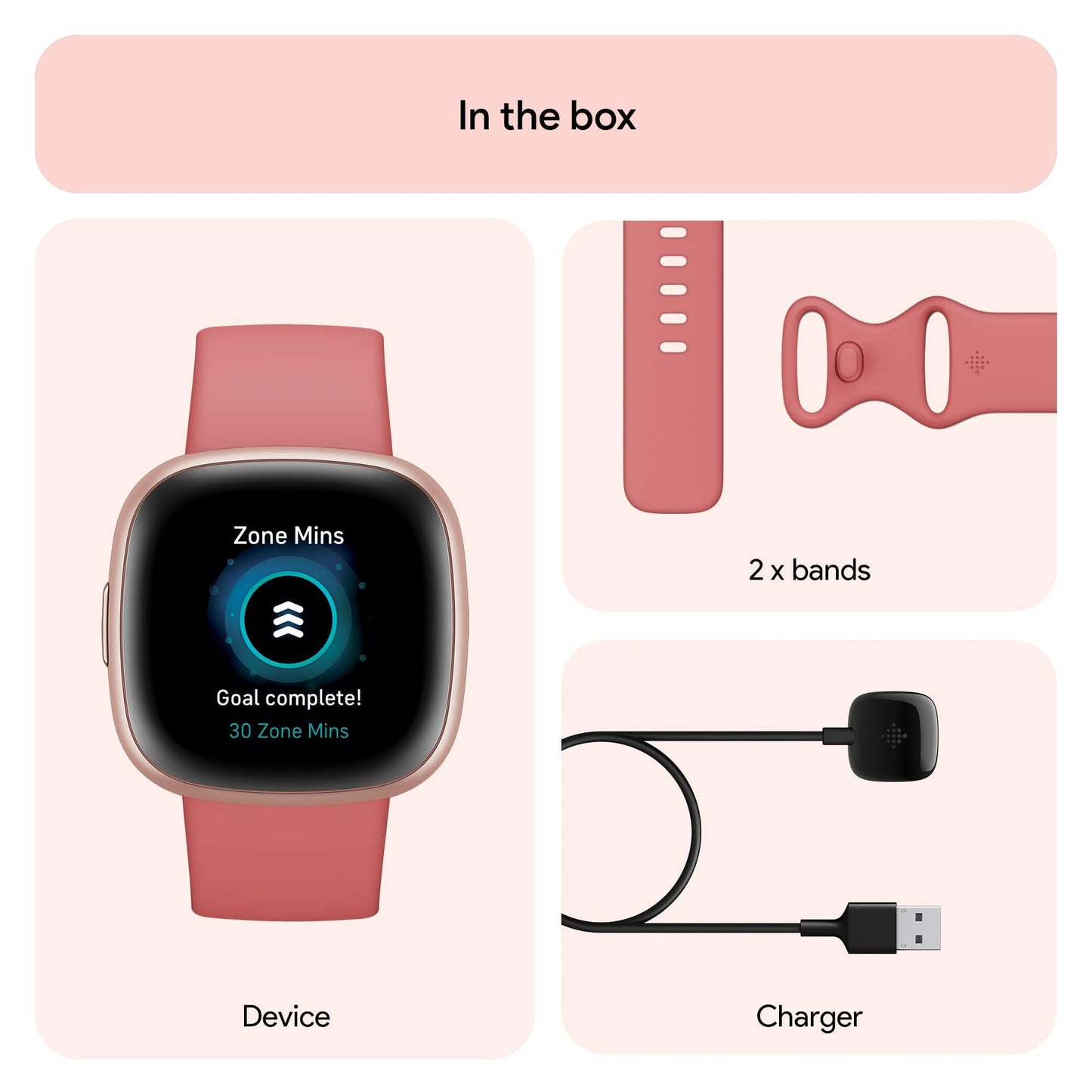 Fitbit Versa 4 Montre intelligente de fitness avec préparation quotidienne, GPS, fréquence cardiaque 24h/24 et 7j/7, plus de 40 modes d'exercice, suivi du sommeil et plus encore, rose sable/cuivre rose, taille unique (bracelets S et L inclus) 