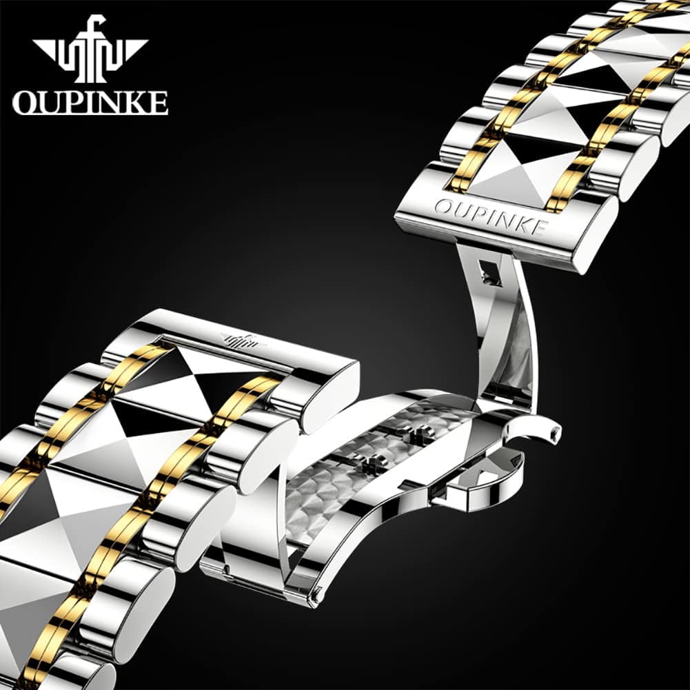 OUPINKE Mens Automatic Watches Diamond Luxury Dress Self Winding Mechanical Waterproof Tungsten Steel Dual Date Wrist Watch