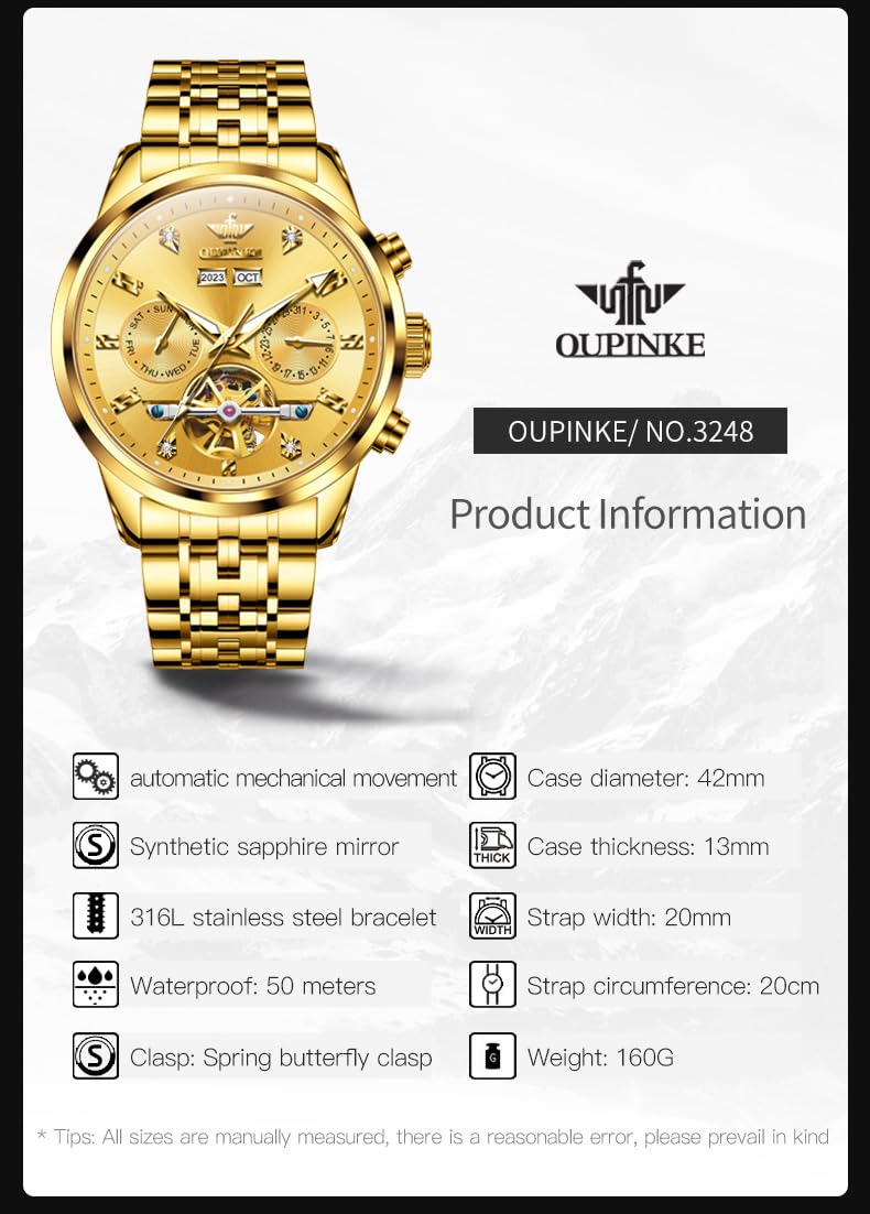 OUPINKE Mens Automatic Watches Diamond Luxury Dress Self Winding Mechanical Waterproof Tungsten Steel Dual Date Wrist Watch