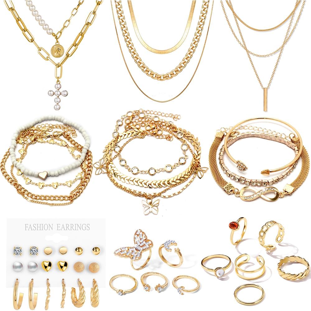 CONGYING 46 Pcs Gold Jewelry Set with 11Pcs Necklace, 11 Pcs anklet and 18 Pcs Earring Ear Cuff,6Hoop Earrings for Women Girls, Fashion Indie Costume Jewerly Pack for Friendship Party Gift Xpress