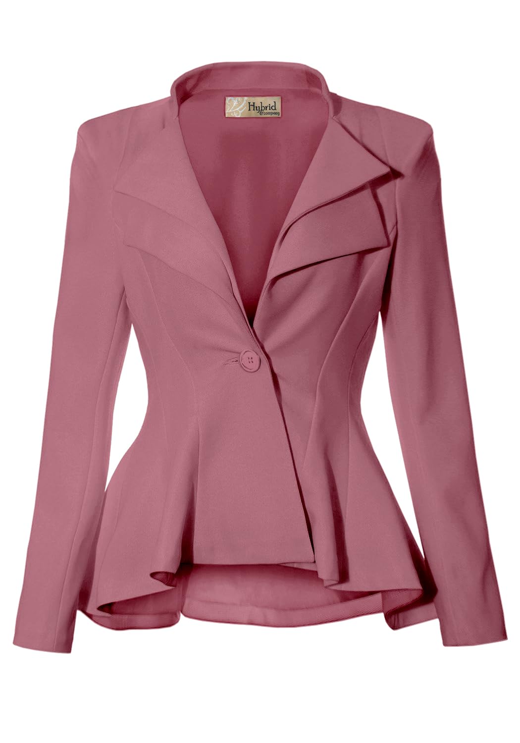 Hybrid & Company Women's Casual Work Office Dressy Double Notch Lapel Sharp Shoulder Pad Single Button Peplum Comfy Blazer