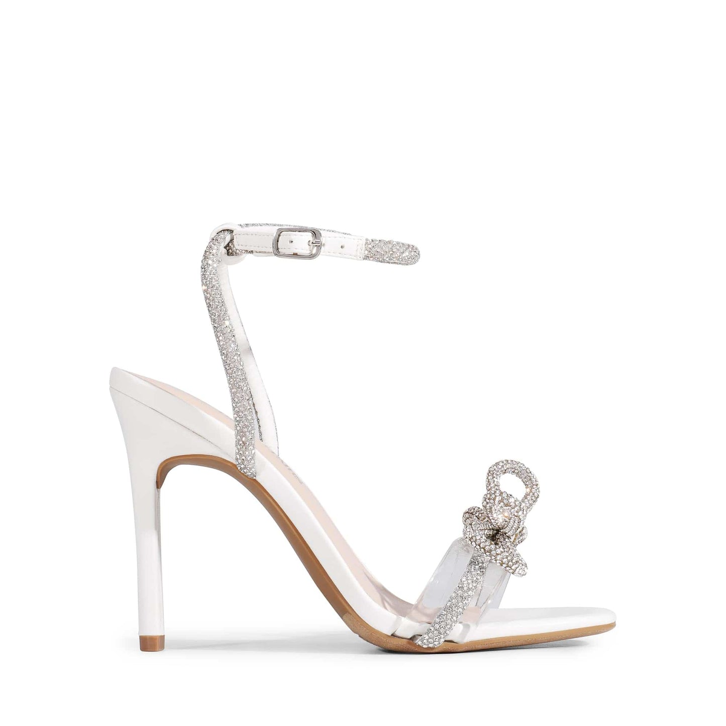 DREAM PAIRS Sandales en cristal à double nœud papillon pour femme - Chaussures à talons transparents et bout carré pour fête de mariage 