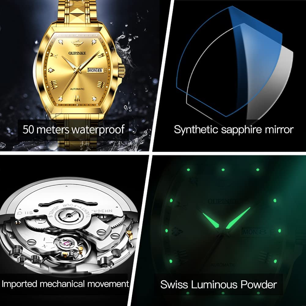 OUPINKE Mens Automatic Watches Diamond Luxury Dress Self Winding Mechanical Waterproof Tungsten Steel Dual Date Wrist Watch