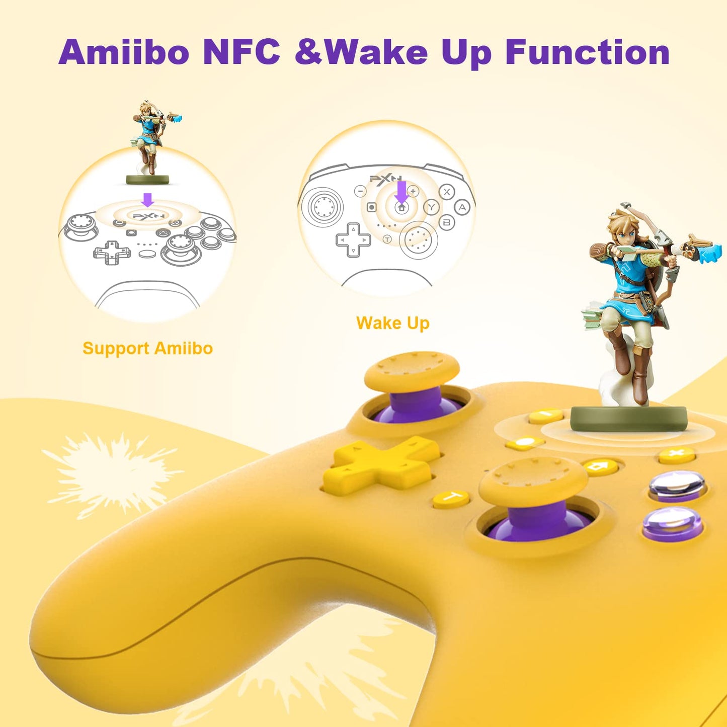 PXN 9607X Controlador inalámbrico Switch Pro, Dual Shock Gamepad Joystick compatible con NFC, Turbo, Wake-up, Gyro Axis, vibración para Switch/Lite/OLED y PC e IOS (amarillo) 