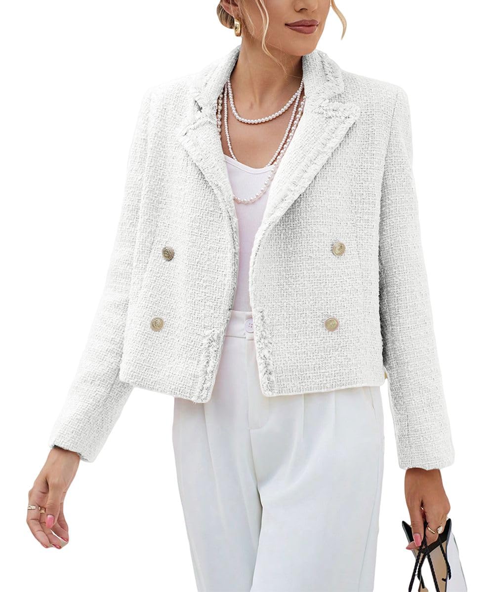 Tweed Blazers Jackets for Women 2024 Spring Fashion Lapel Cropped Elegant Open Front Office Casual Blazer