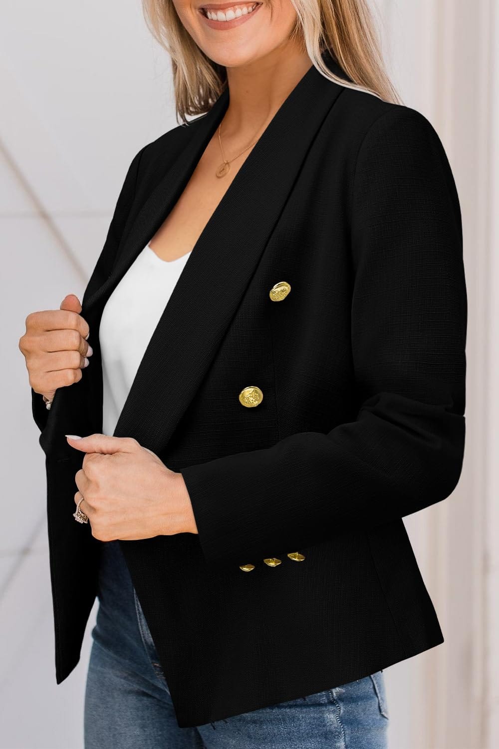 CRAZY GRID Womens Casual Blazer Jacket Gold Button Long Sleeve Work 0ffice Blazer Lapel Open Front Jacket