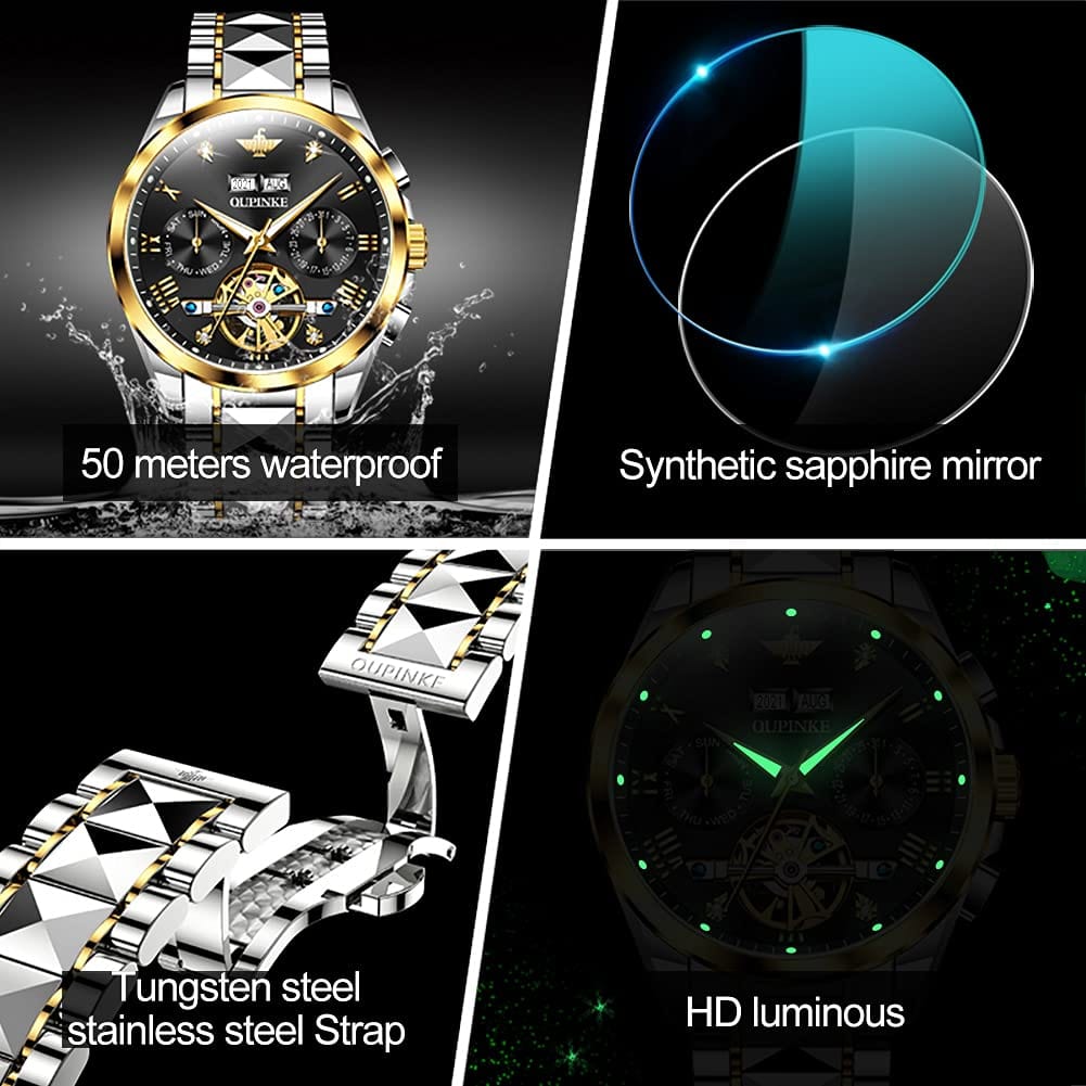 OUPINKE Men's Watch Automatic 44mm Big Dial Tungsten Steel Strap Date Waterproof Luxury Sapphire Crystal