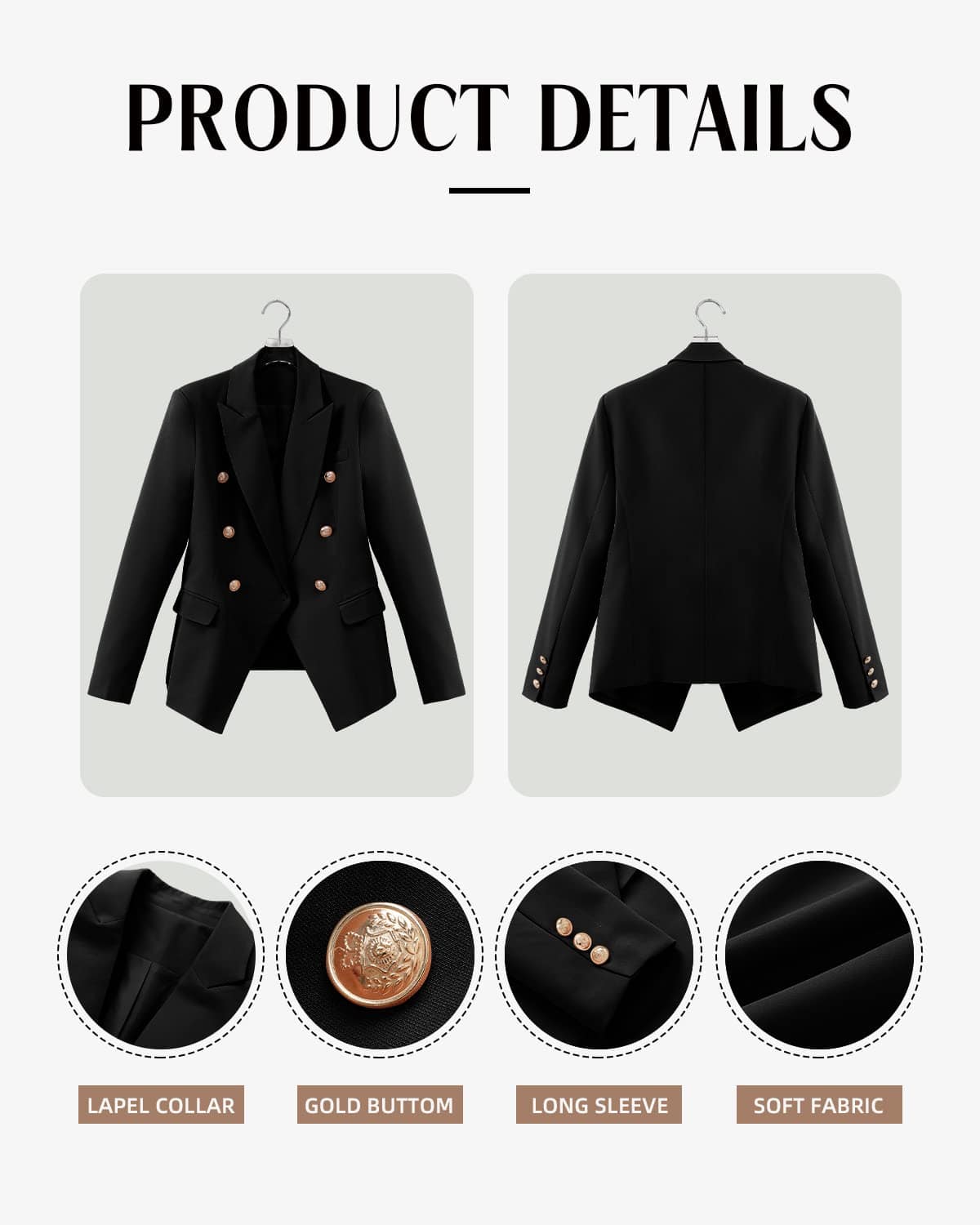 CRAZY GRID Womens Casual Blazer Jacket Gold Button Long Sleeve Work 0ffice Blazer Lapel Open Front Jacket