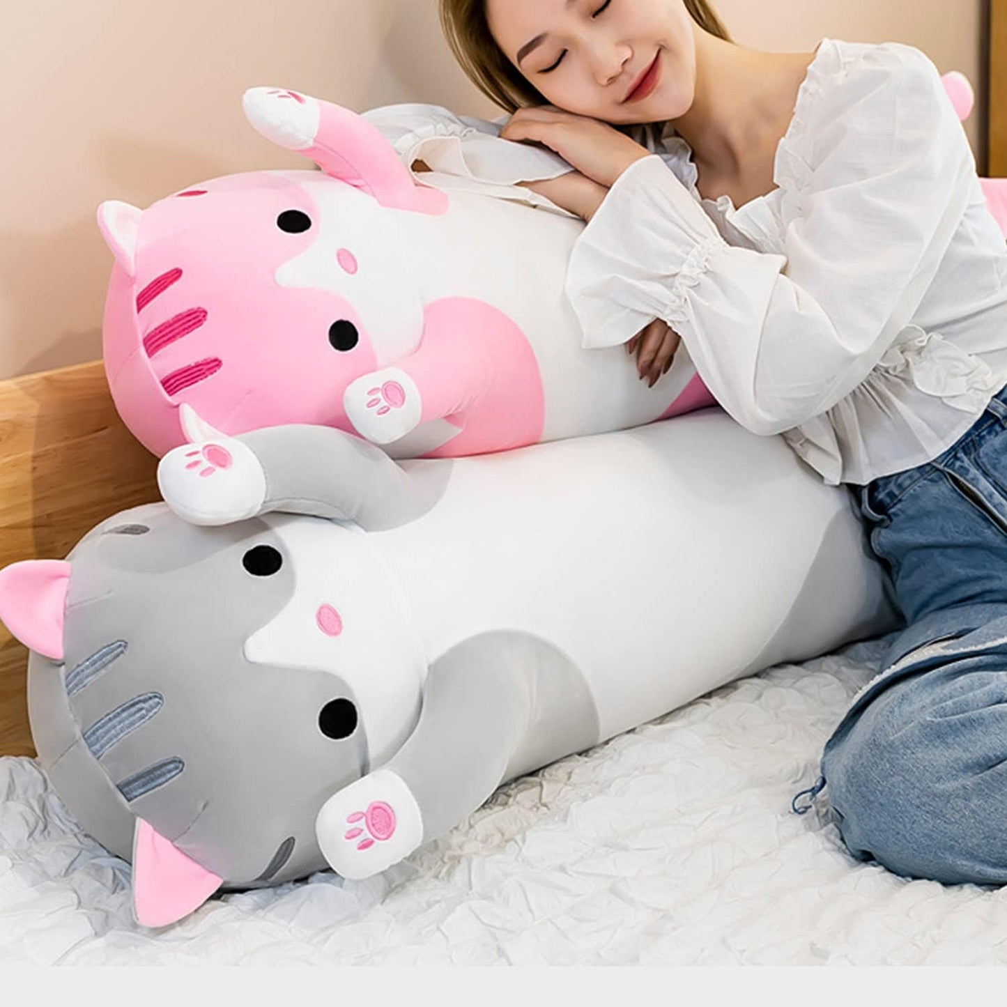 Giant Cat Pillow Plush Cartoon Kitty Sleeping Hugging Pillow, Cuddly Soft Long Kitten Body Pillow Doll Cat Cushion Toy for Kids Girlfriend (Pink, 110cm/43.3inch)