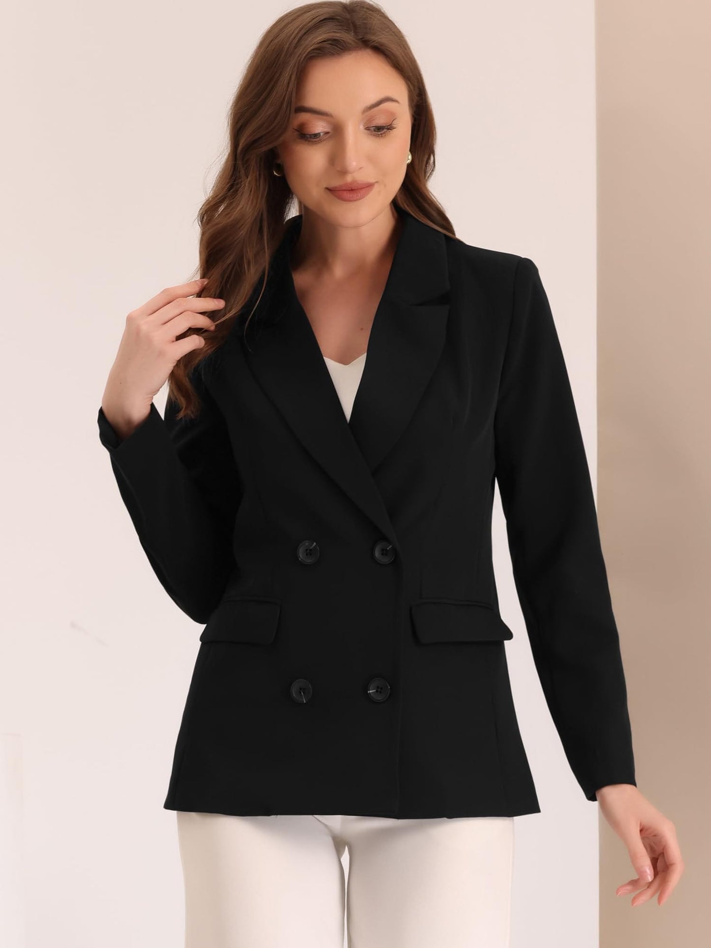 Allegra K Women's Notched Lapel Double Breasted Work Formal Blazer Jacket