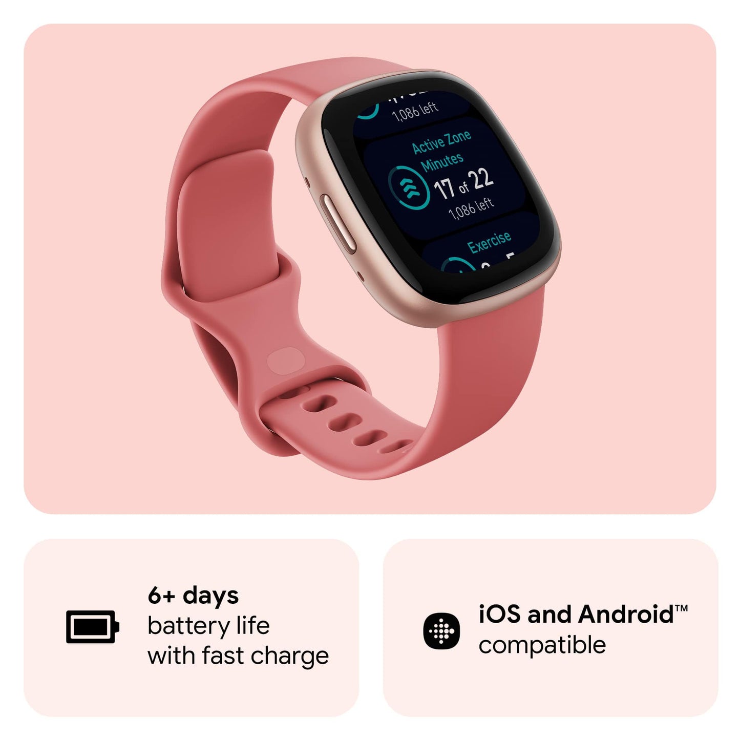 Reloj inteligente Fitbit Versa 4 Fitness con preparación diaria, GPS, frecuencia cardíaca 24 horas al día, 7 días a la semana, más de 40 modos de ejercicio, seguimiento del sueño y más, rosa arena/rosa cobre, talla única (bandas S y L incluidas) 