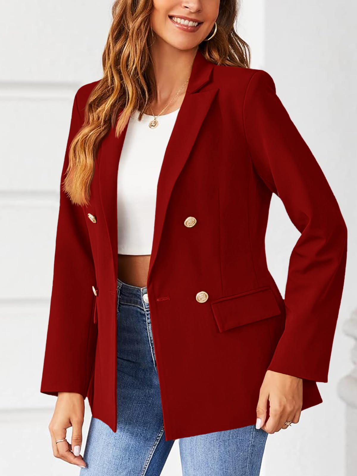 Hdieso Veste blazer décontractée à manches longues et boutons pour femme - Couleur unie 