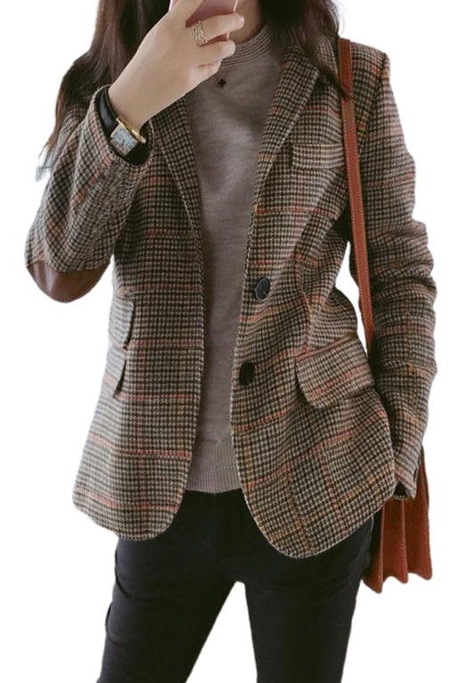 ebossy Womens Vintage Nothced Lapel Single Breasted Boyfriend Blazer Suits Houndstooth Plaid Jacket Coat with Patched Elbow