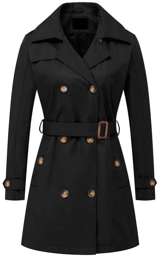 Chrisuno Trench-coat mi-long à double boutonnage pour femme avec ceinture et capuche amovible 