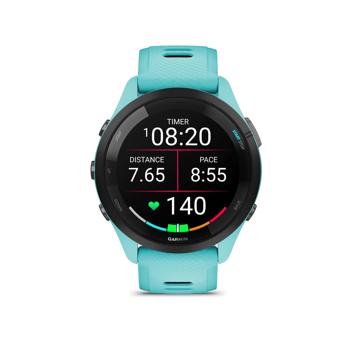 Montre intelligente de course Garmin Forerunner 265, écran AMOLED coloré, mesures d'entraînement et informations de récupération, pierre blanche et bleu marée 