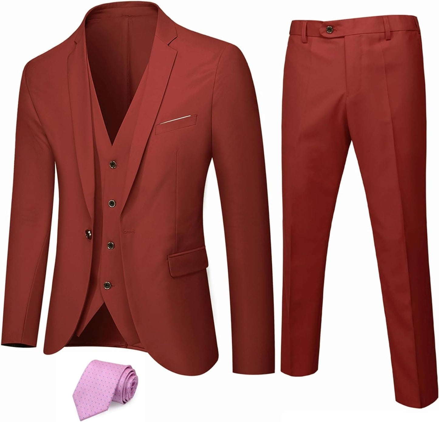 MY'S Men's 3 Piece Solid Suit Set, One Button Slim Fit Jacket Vest Pants with Tie