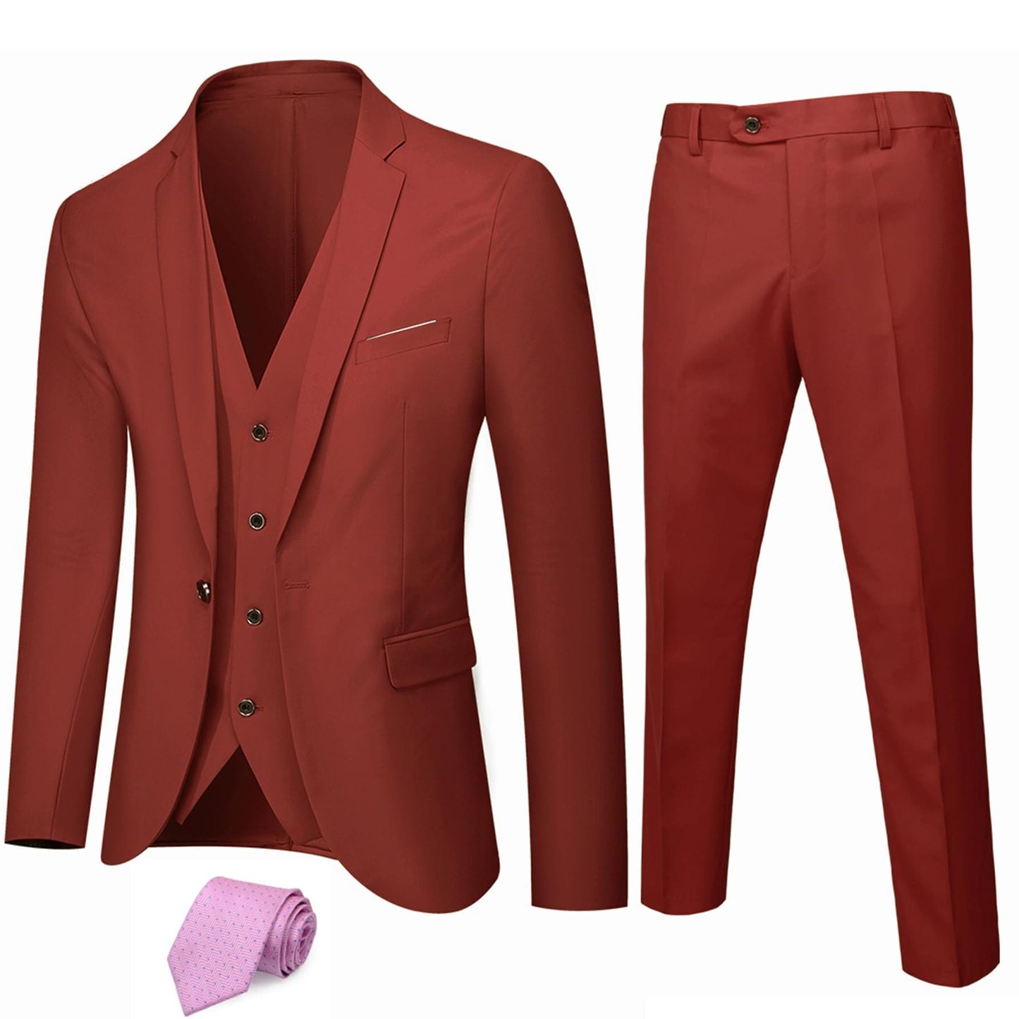 MY'S Men's 3 Piece Solid Suit Set, One Button Slim Fit Jacket Vest Pants with Tie