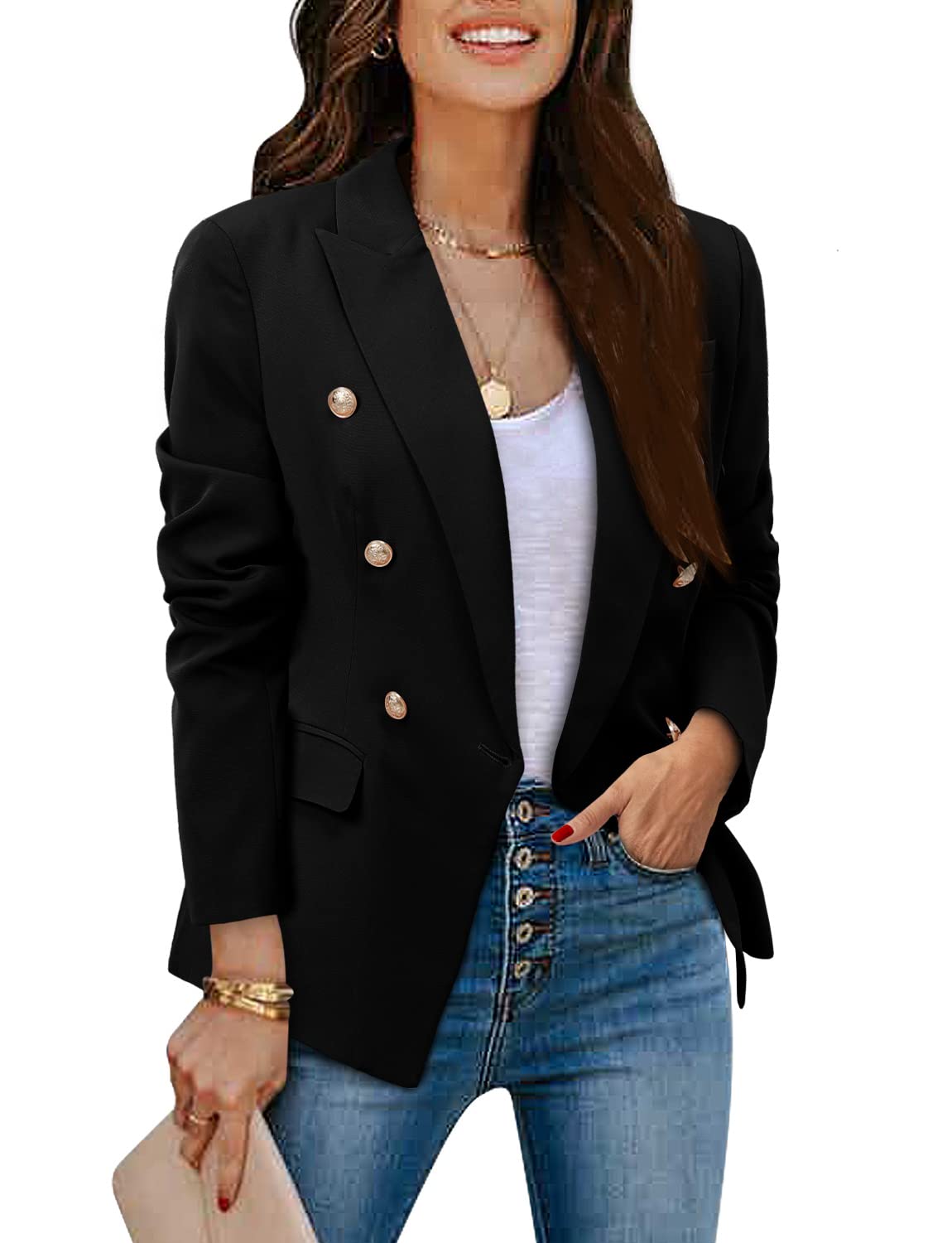 CRAZY GRID Womens Casual Blazer Jacket Gold Button Long Sleeve Work 0ffice Blazer Lapel Open Front Jacket